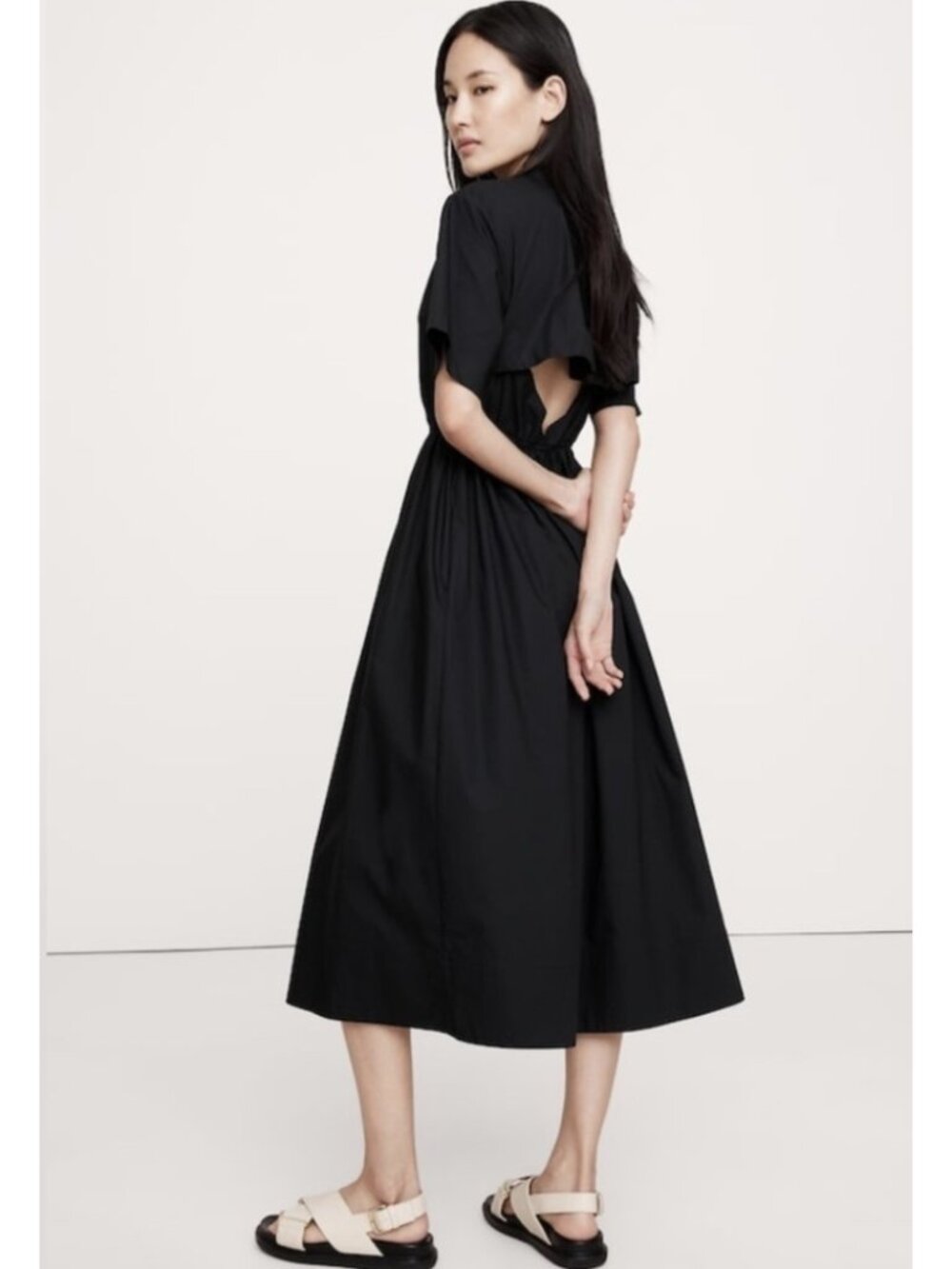 BANANA REPUBLIC Cotton Poplin Open-Back Shirt Dress in Black Large Minimalist